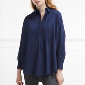 French Connection Rhodes Poplin Popover Oversized Indigo Blue Long Sleeve Shirt